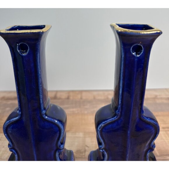 2 Vintage Cobalt Blue & Gold Violin Shaped Ceramic Wall Pockets Decorative - Picture 4 of 5